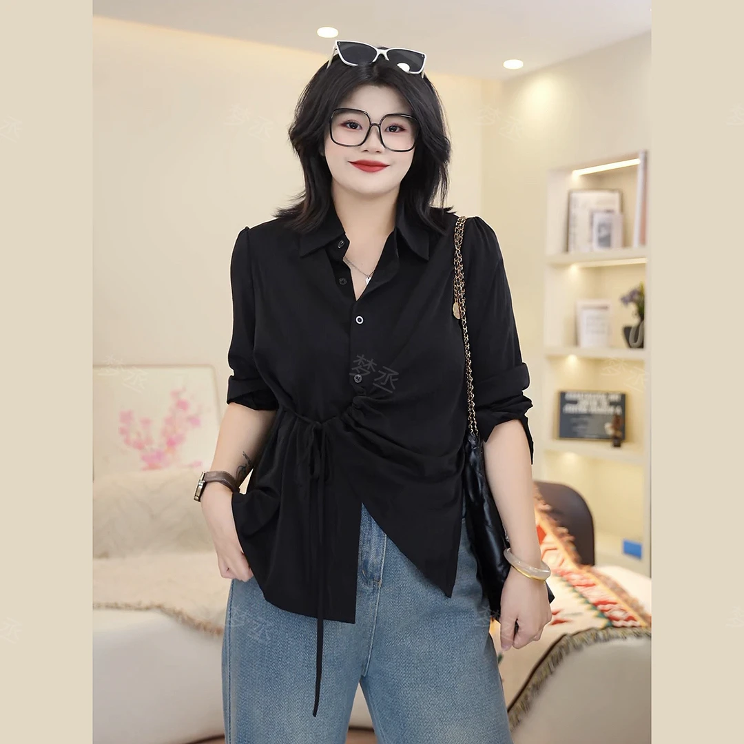 梦丞-舒适柔软大码女装宽松显瘦胖mm百搭纯色系带长袖衬衫上衣女