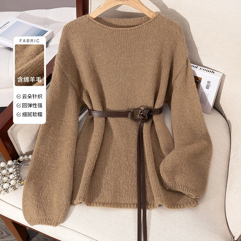 丝柏舍2025冬装绵羊毛女圆领宽松落肩袖套头长袖针织衫S53S0050Z