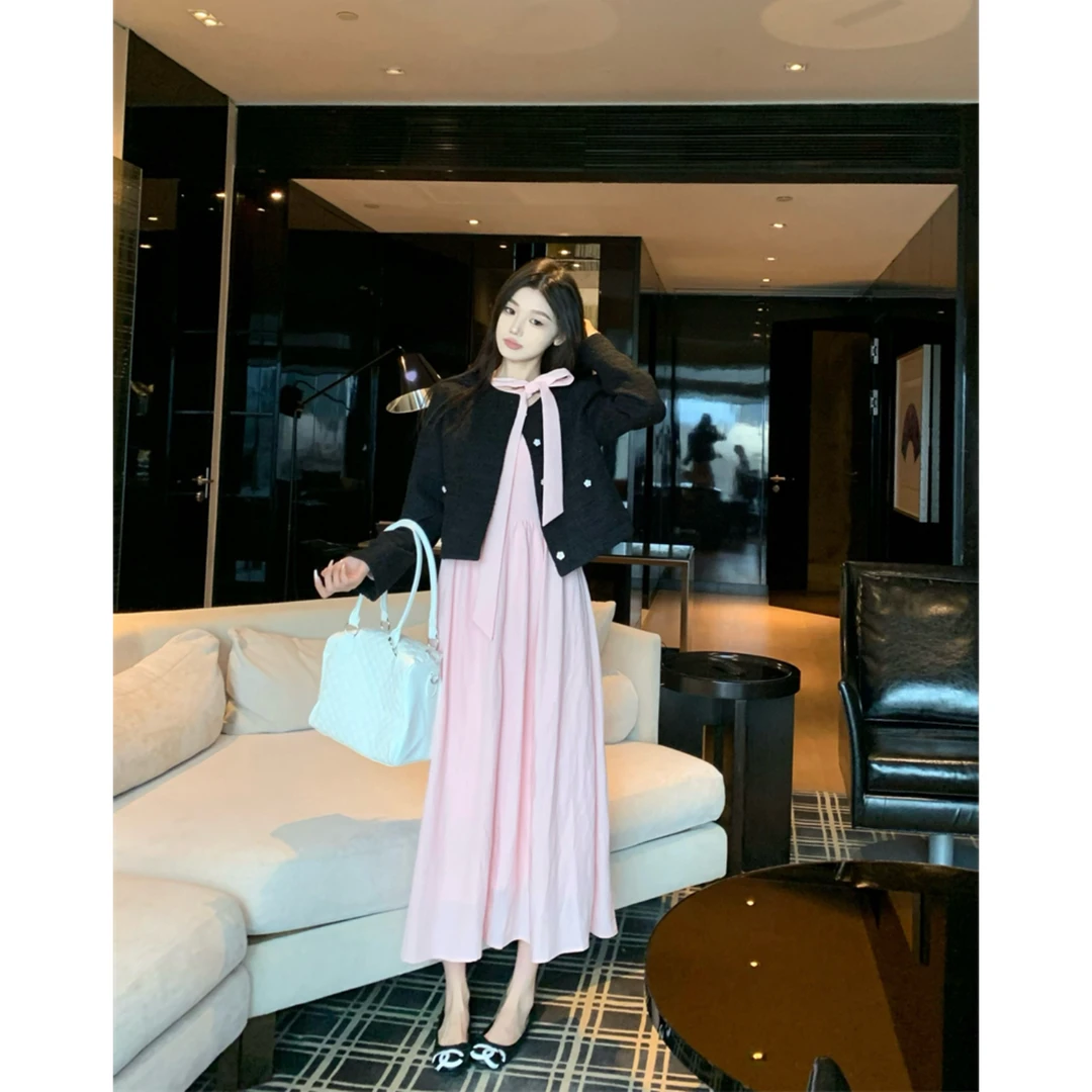 小香风套装秋冬新款黑色短外套女装+粉色系带连衣裙时尚两件套潮
