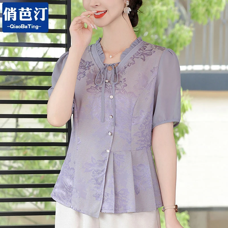 小个子妈妈装夏装新中式国风小衫套装时尚中老年夏季气质短袖衬衫