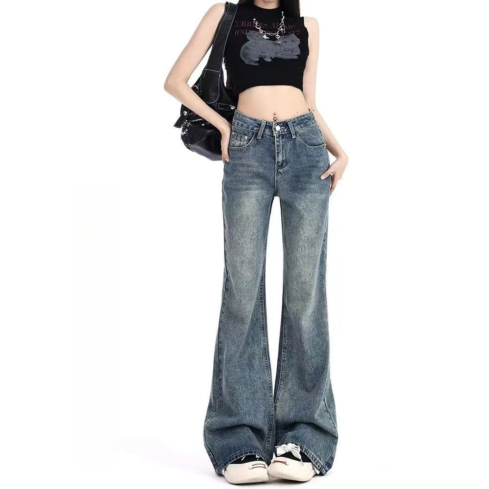 高个子高腰阔腿牛仔裤女夏季新款美式复古宽松显瘦直筒裤子百搭