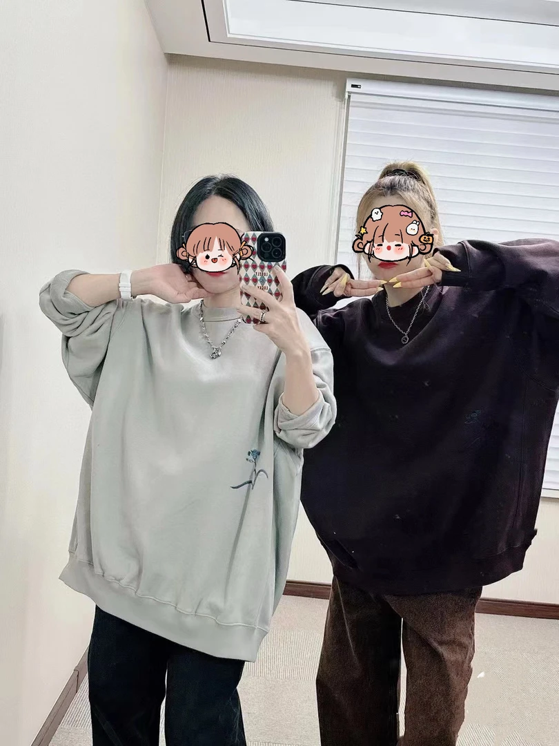 韩版南南萱草花宽松休闲中长款圆领卫衣刺绣加绒加厚卫衣