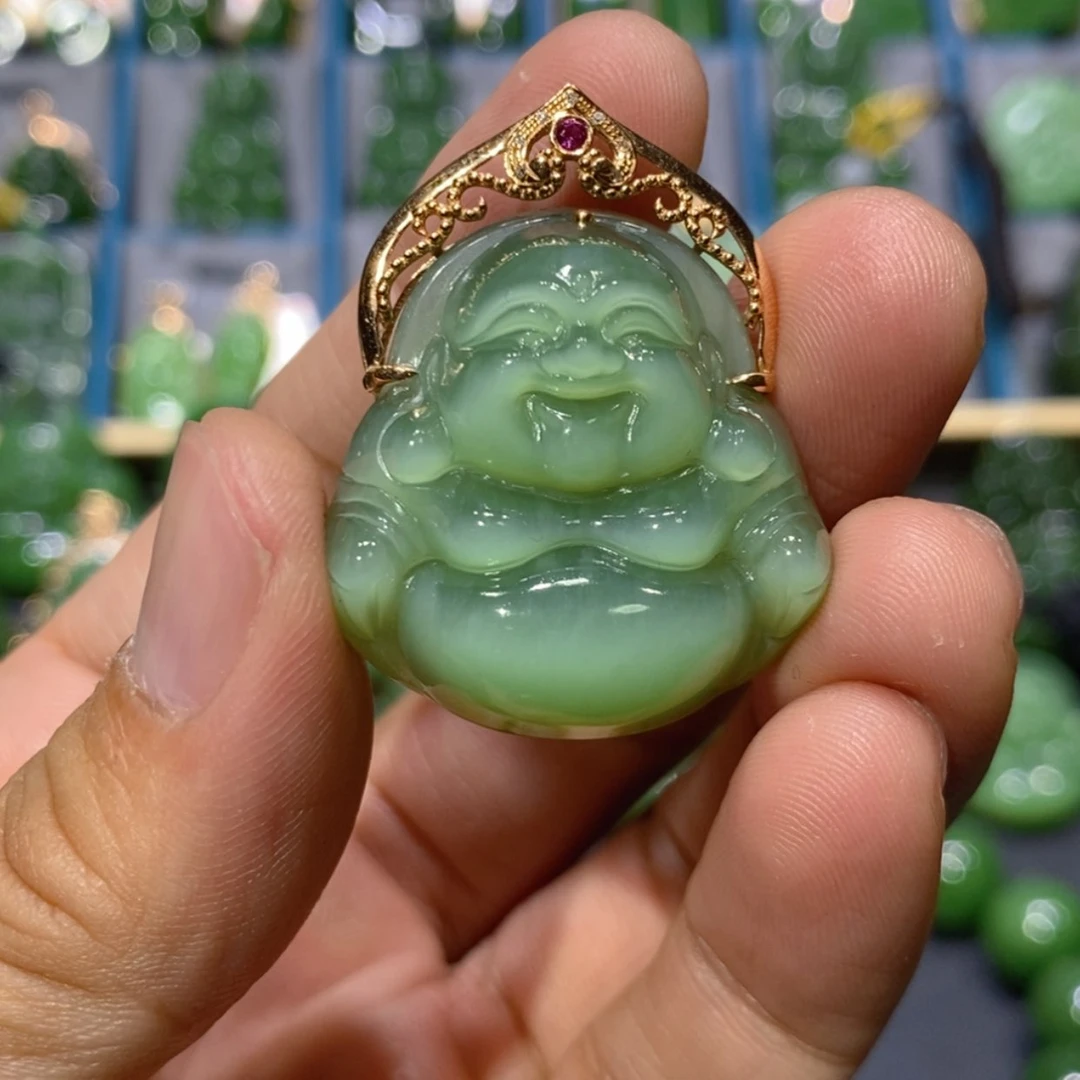 【闪购商品】和田玉吊坠(不含链)18K金镶嵌粉青猫眼佛公 30/12