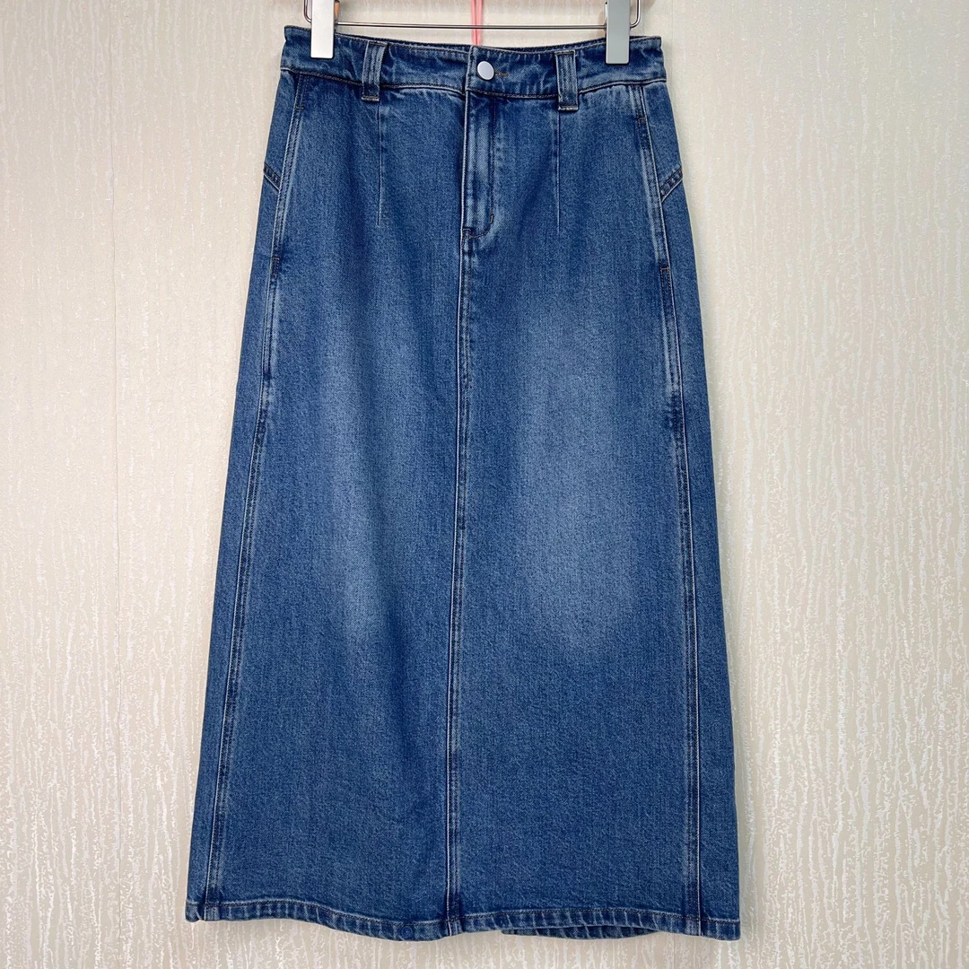 25ss新款女装长绒棉提花复古蓝开叉牛仔半身裙【TC82512】【415】