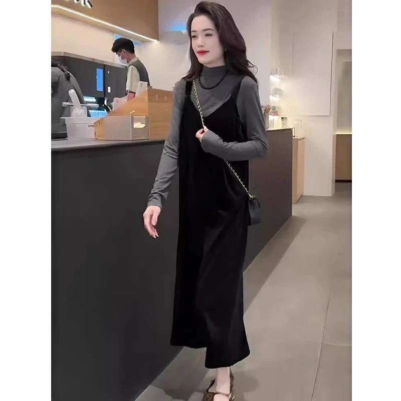 入秋搭配一整套装女时尚洋气上衣打底衫丝绒吊带裙显瘦气质两件套