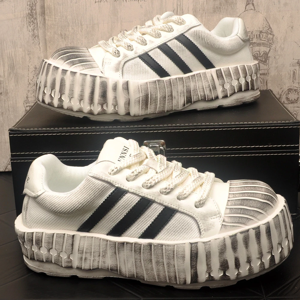 男士新款厚底胶粘复古平跟内增高休闲真皮板鞋学生鞋子欧若动感风