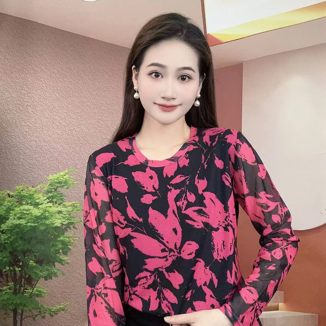 2025夏季新款长袖圆领肌肤纱时尚显瘦印花T恤上衣A369