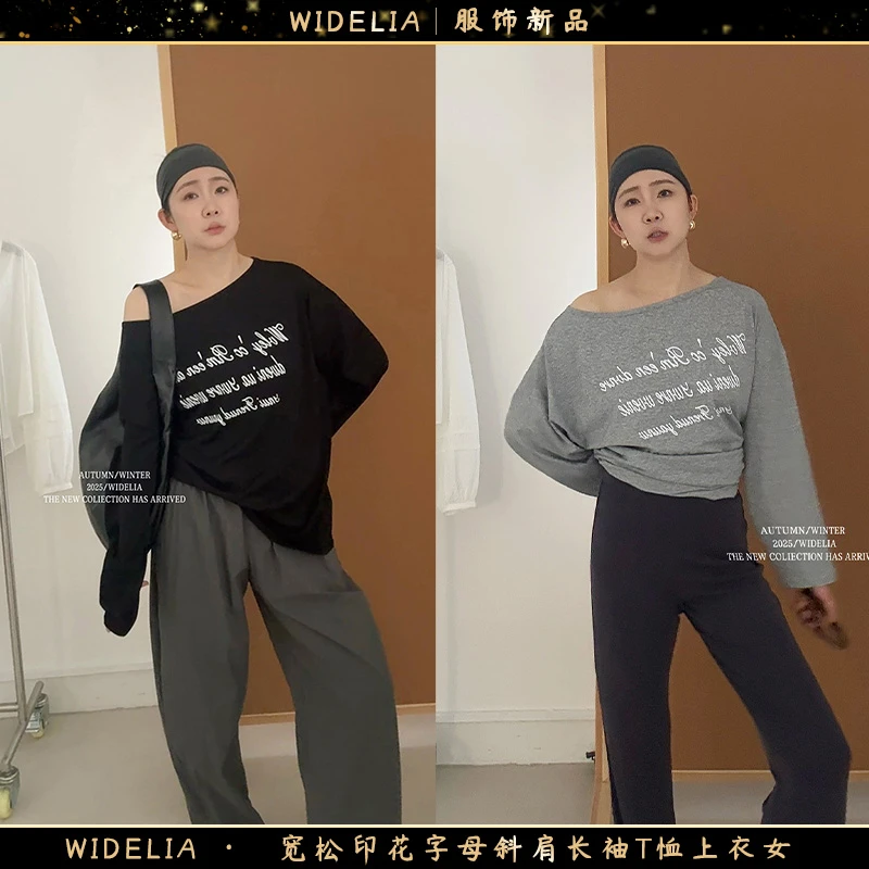 widelia陈魅儿2025春夏新款宽松印花字母斜肩长袖T恤上衣女735525