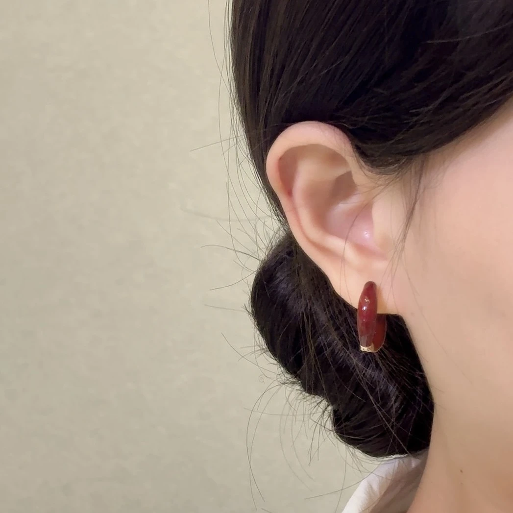 锌合金珐琅耳饰 红色耳扣耳饰百搭简约安可拉日韩薄荷曼波耳环