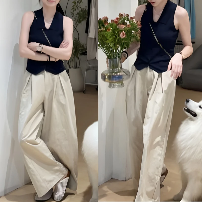 2025年夏季新款挂脖无袖纯色上衣高腰阔腿裤套装女时尚百搭两件套