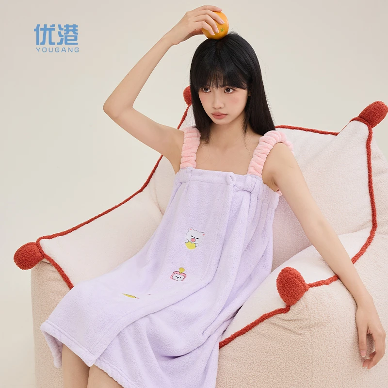 吊带浴裙家用可穿可裹大人纯棉吸水夏季浴裙柔软可爱洗澡长款
