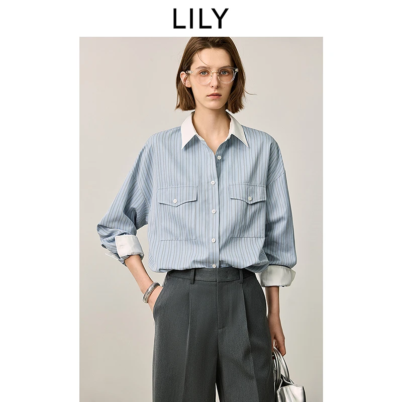 LILY2025夏新款女装复古竖条纹宽松衬衫125209C4942
