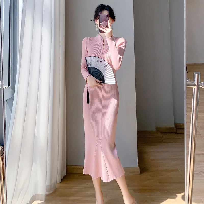 秋冬中国风复古修身显瘦打底针织连衣裙女内搭毛衣包臀鱼尾裙