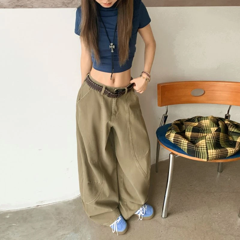 复古弯刀工装休闲裤女2025夏季新款宽松垂感显瘦设计感拖地阔腿裤