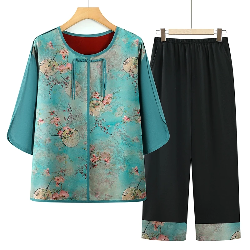 2025夏季新款妈妈装衬衫上衣套装时尚新中式奶奶装两件套老人衣服