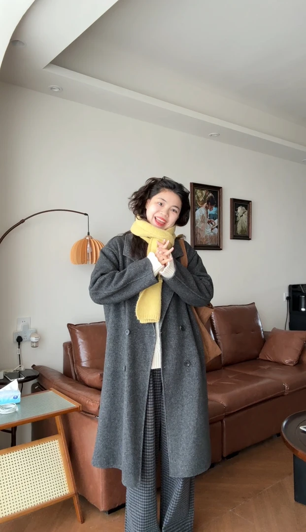 羊毛双面呢百搭长款中长款秋冬保暖毛呢外套纯色大衣职场休闲风