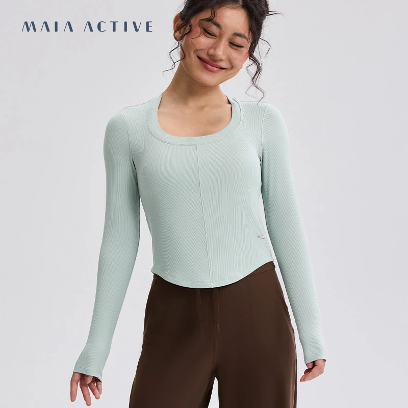 含胸垫运动T恤二合一罗纹瑜伽紧身长袖上衣 MAIA M1F51TL04