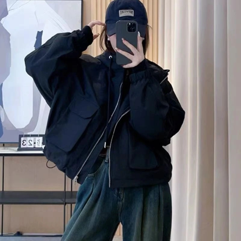 2024冬款欧货立领连帽加绒加厚冲锋衣棉服外套女宽松百搭派克服