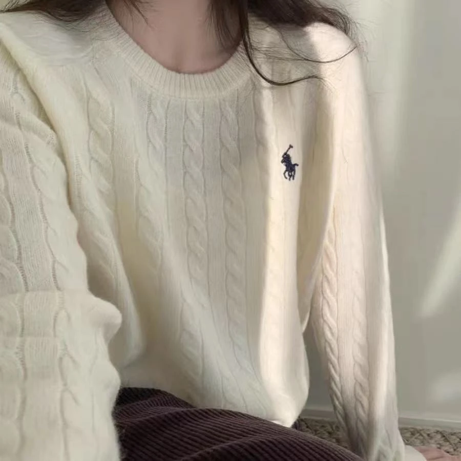 洋气百搭~柔软亲肤~双股加厚纯羊毛绞花毛衣针织衫圆领宽松打底衫