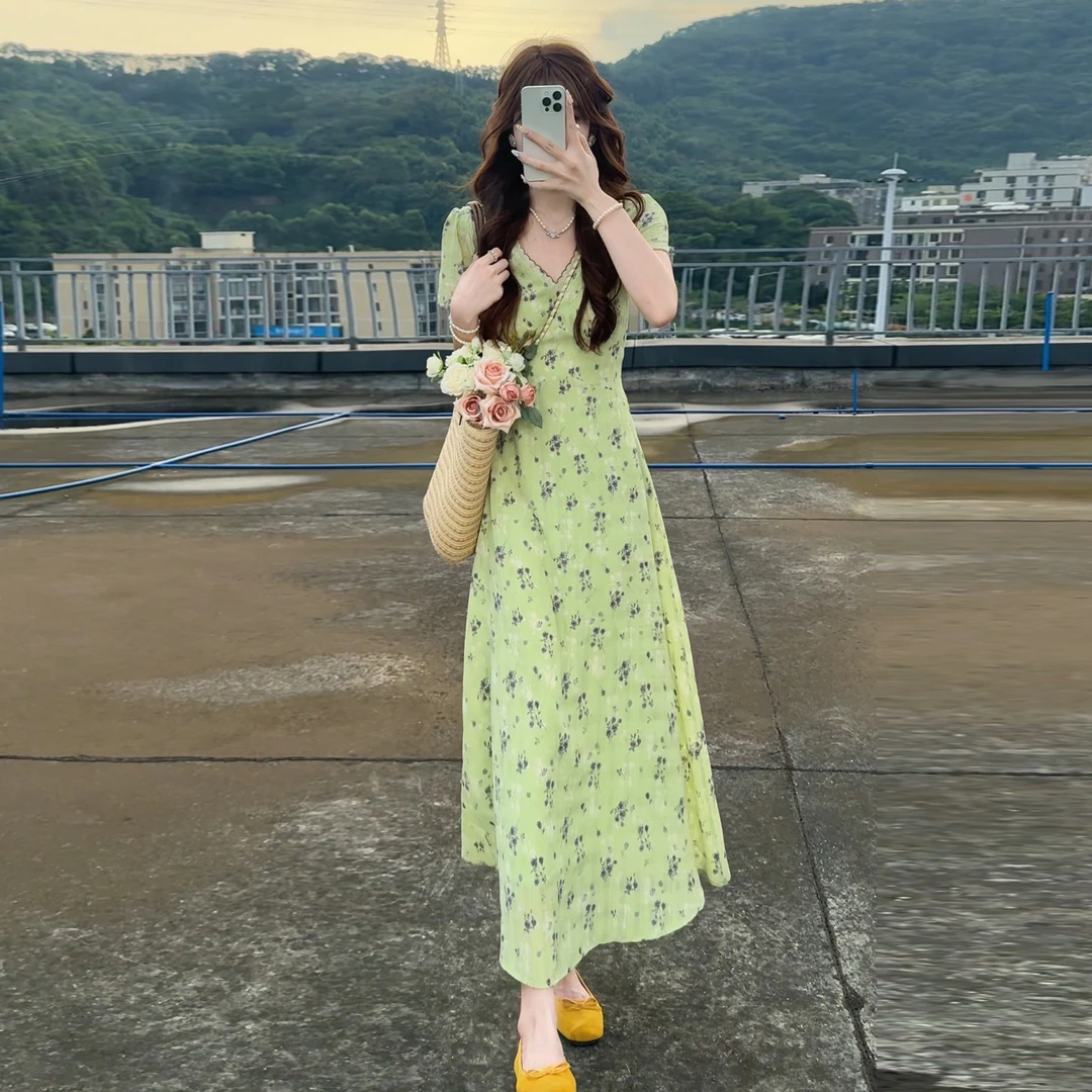 【现货+运补】独特漂亮绝美碎花好看绿色微胖掐腰长裙4966