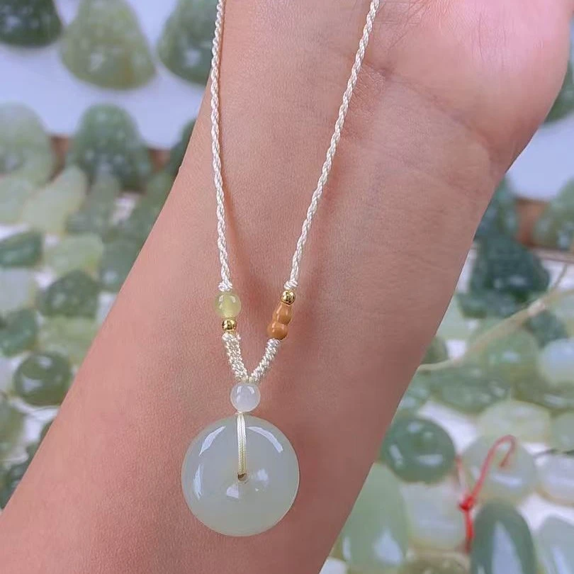 【新品】 青海料白玉 和田玉平安扣 编绳情侣款项链 宝宝礼物小挂件