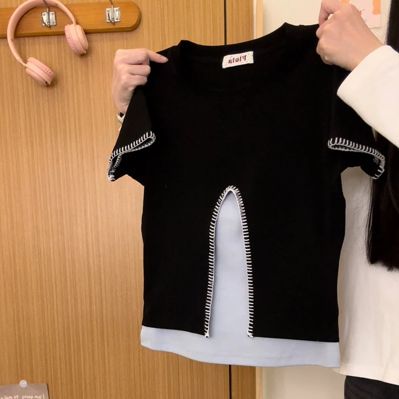 奶油的宇宙 假两件纯色正肩不露腰短袖T恤女设计感上衣2025夏新款