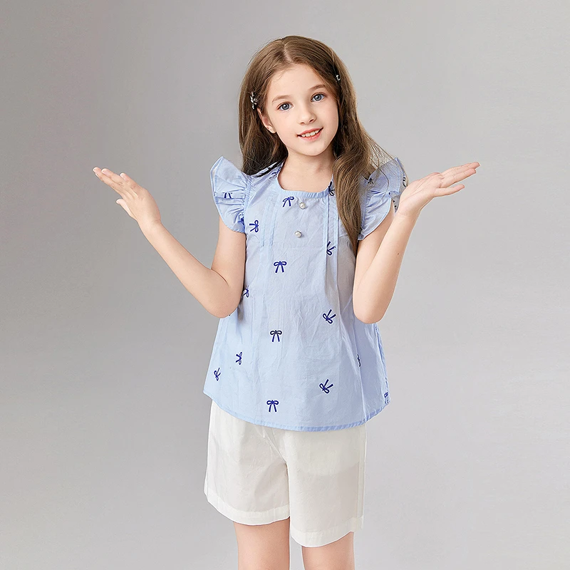 笛莎女童夏季套装2025新款中童清新蝴蝶结印花短裤套装-93252T315