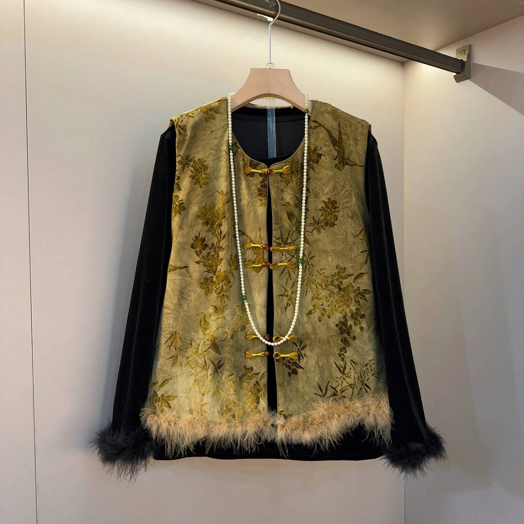 高级感气质毛毛拼接设计新中式马甲圆领国风高端洋气百搭套装