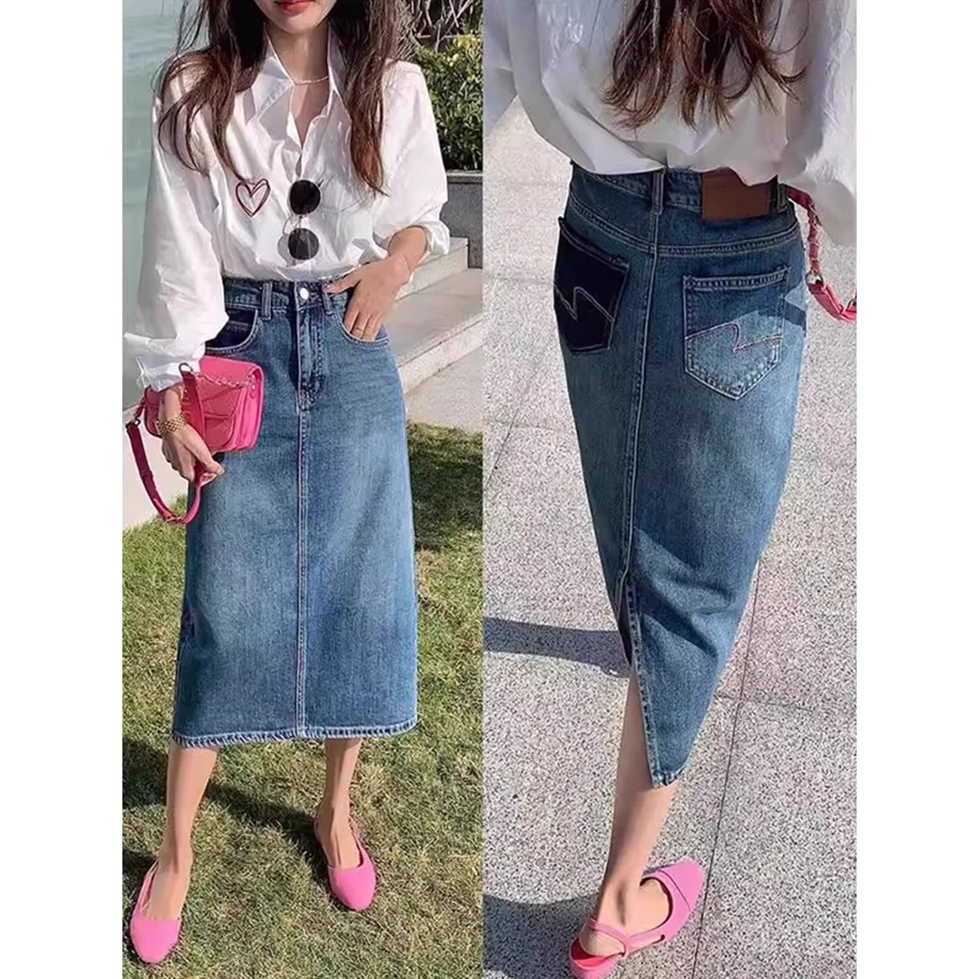 大码后开叉牛仔半身裙女秋韩版梨型身材显瘦遮胯百搭中长款A字裙