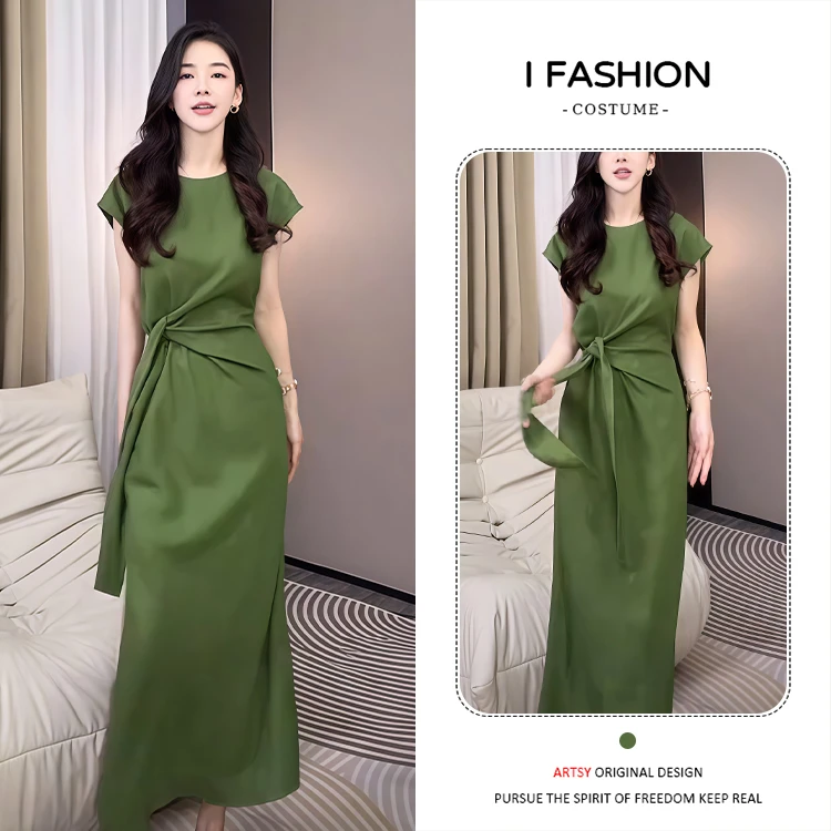 系带设计感减龄大方短袖连衣裙女士2026年夏季新款显瘦遮肉裙子潮