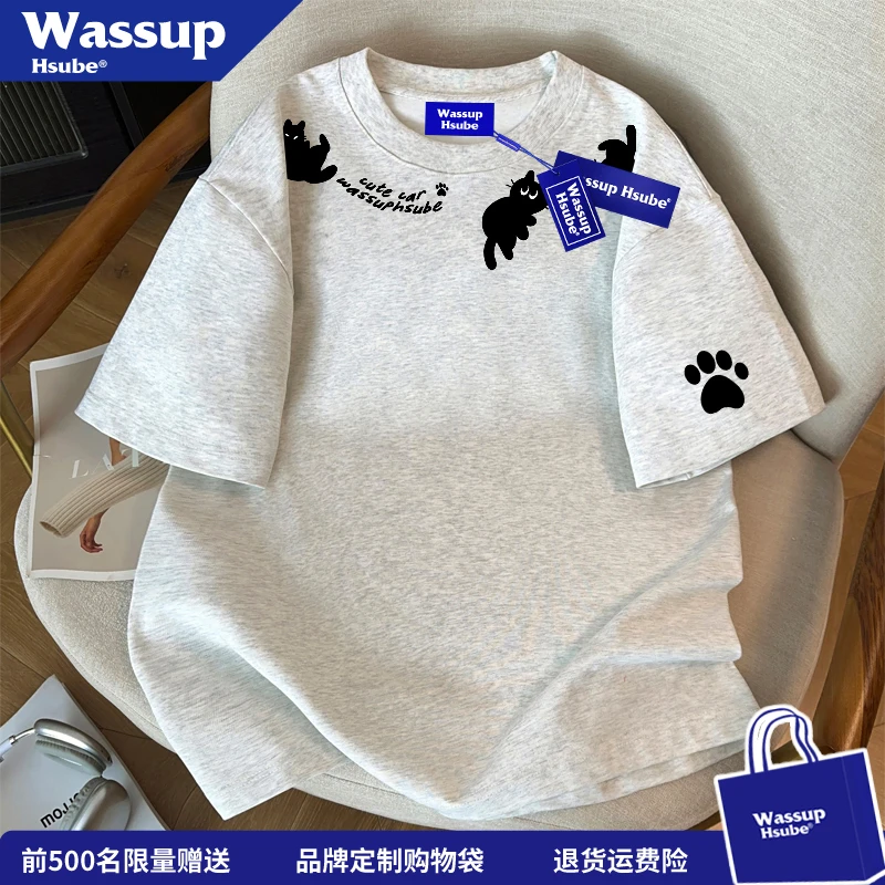 WASSUP HSUBE趣味设计感小猫印花短袖T恤男女夏季宽松白灰色上衣