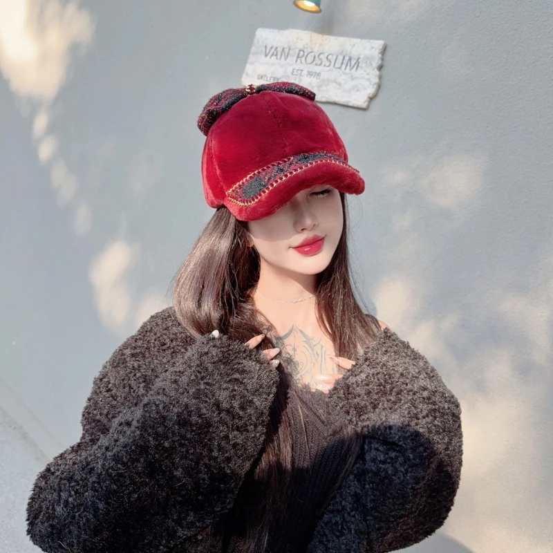 CREAMPP 设计师粗呢格纹撞色拼毛绒棒球帽加厚高颅顶蝴蝶结鸭舌帽