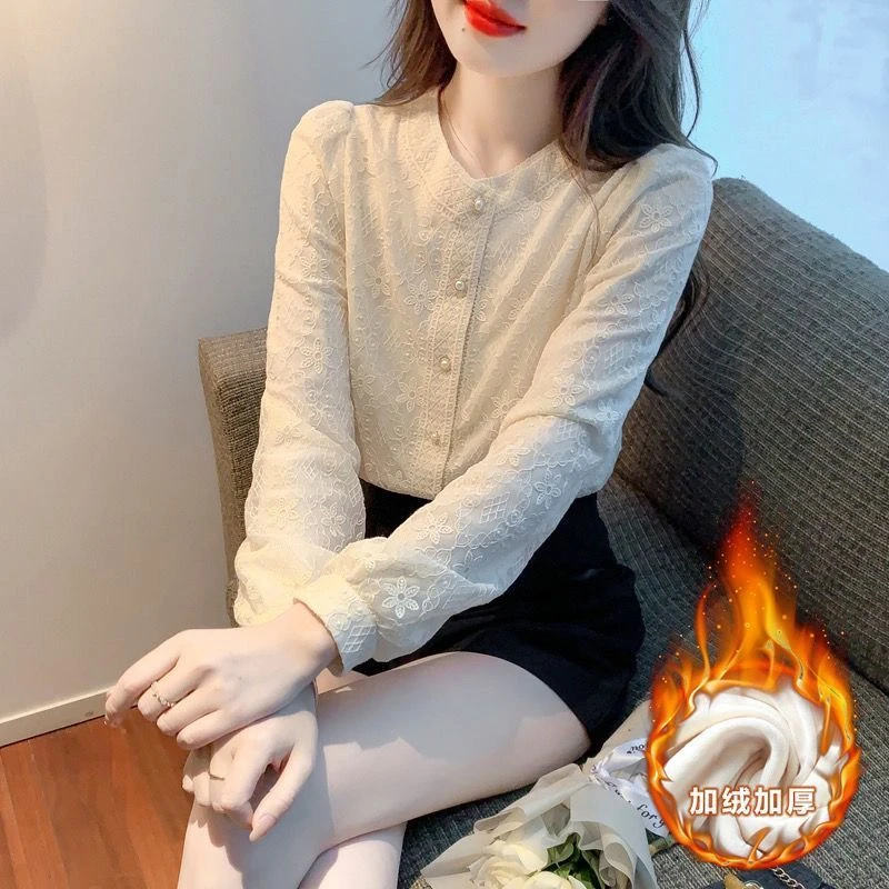 加绒加厚秋冬款衬衫女百搭蕾丝洋气时尚打底小衫显瘦气质减龄上衣