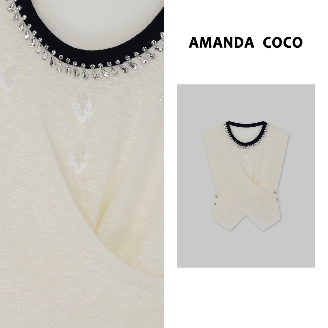 奈奈 | 特调法式～夏季薄款串钻圆领拼色收腰显瘦飞袖针织衫