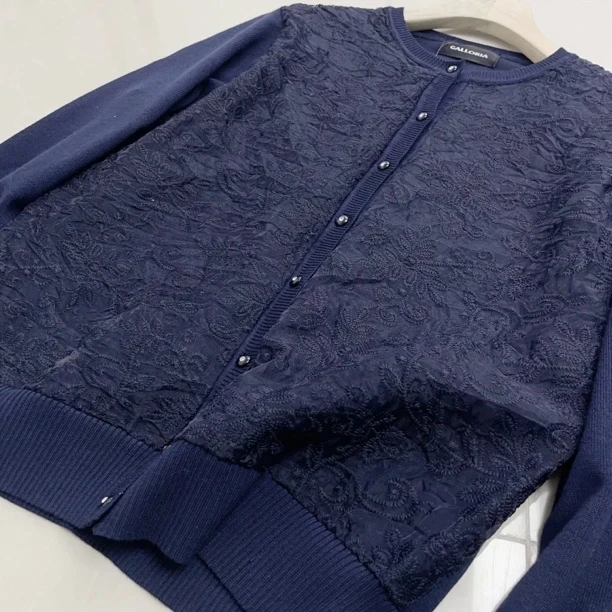 Z-0 高端刺绣藏蓝色蕾丝圆领春款基础款开衫