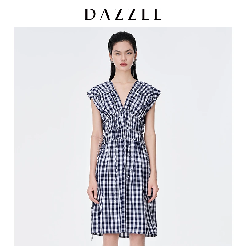 【MD】DAZZLE地素奥莱赫本式复古格纹蝴蝶结连衣裙2D2O320