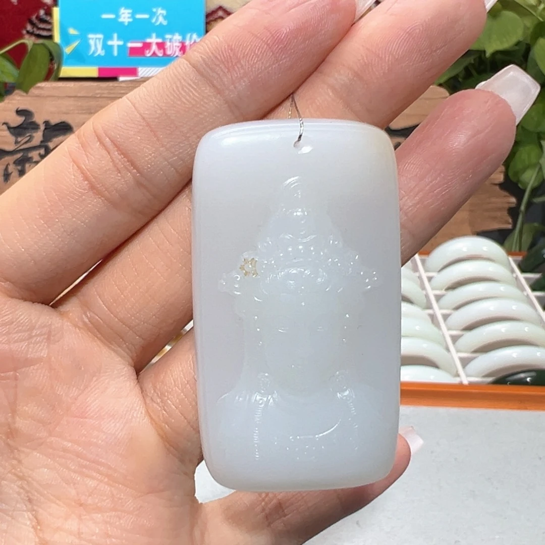 颈饰未镶嵌和田玉老坑和田羊脂白玉观音牌