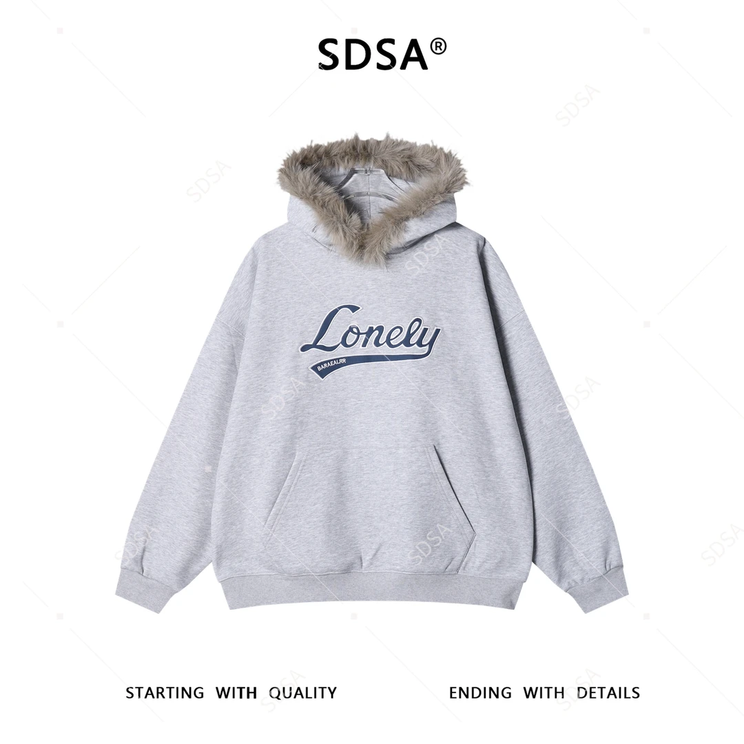 SDSA男士秋冬新款痞帅男装美式潮牌刺绣字母毛领连帽卫衣百搭时尚