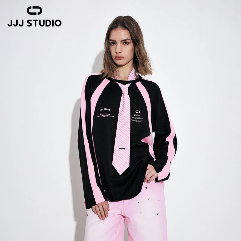 【春上新】JJJ STUDIO 黑粉色长袖T恤女 JLWWS1T011