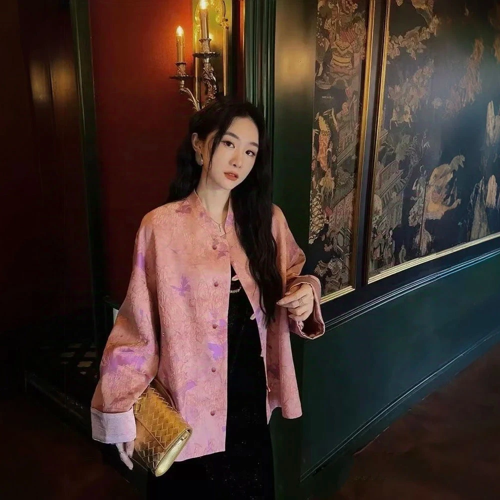 【紫韵蝶舞】气质中式立领落肩高端国风复古盘扣宽松外套