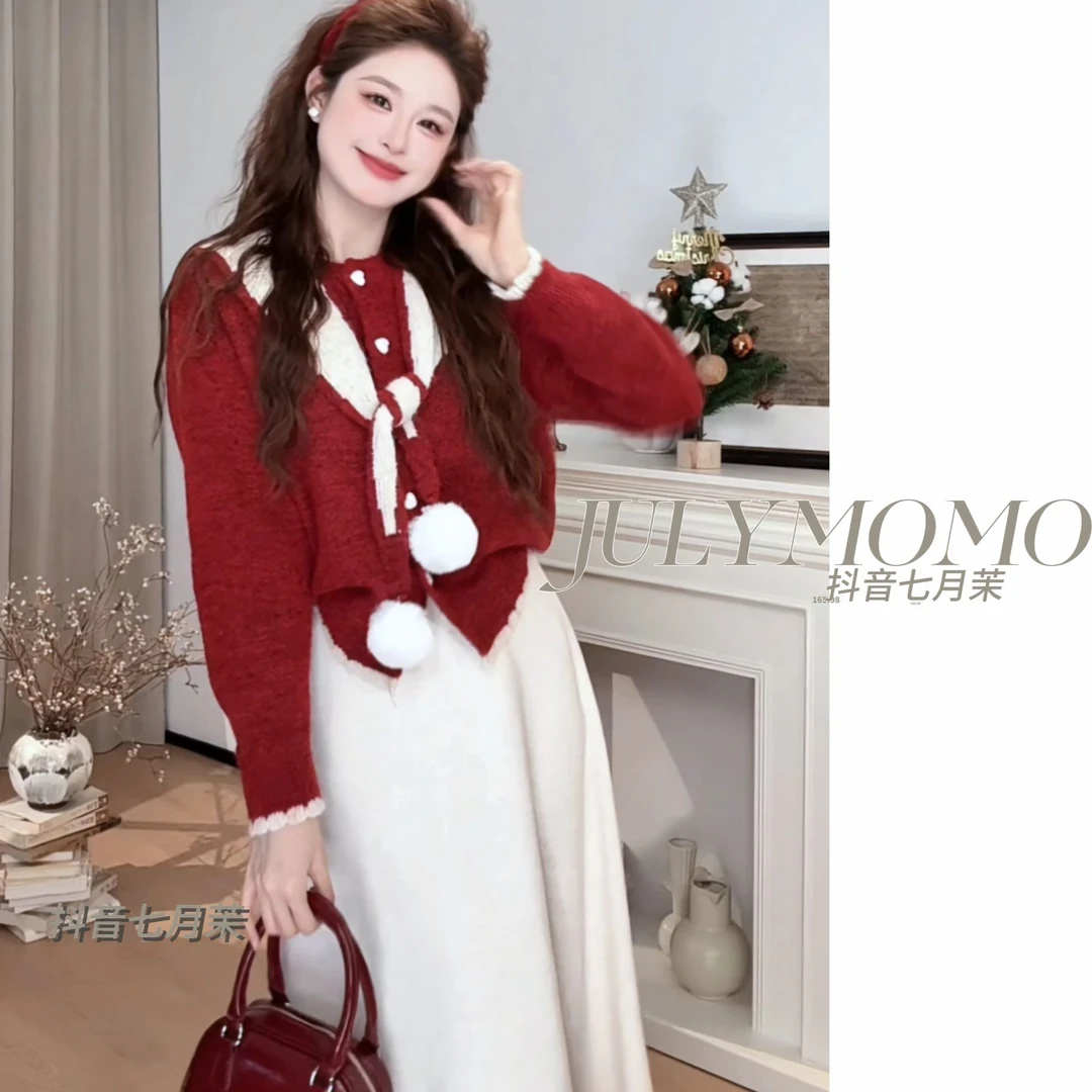 新款学院风复古甜美日系撞色设计感开衫毛衣针织衫上衣毛球