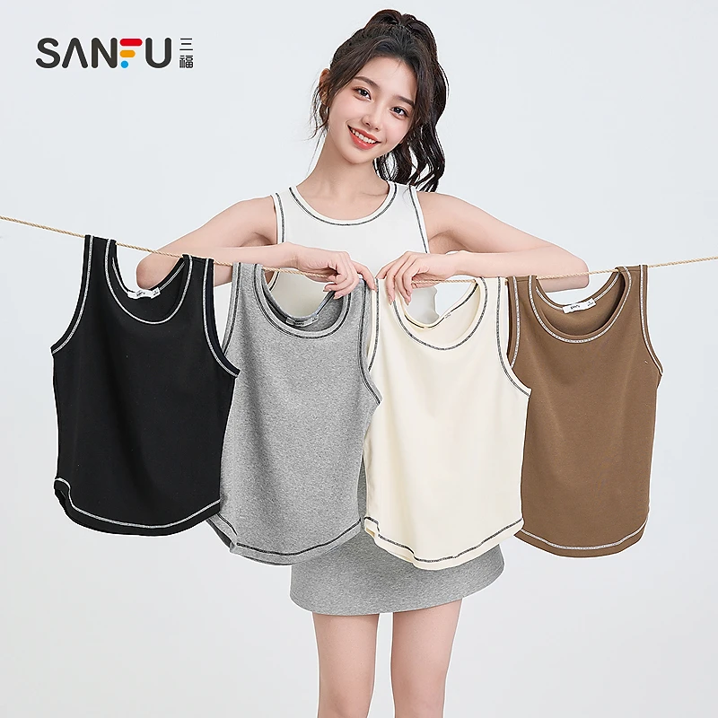 三福背心2025夏季局部撞线弧形下摆时尚宽肩上衣女装497251