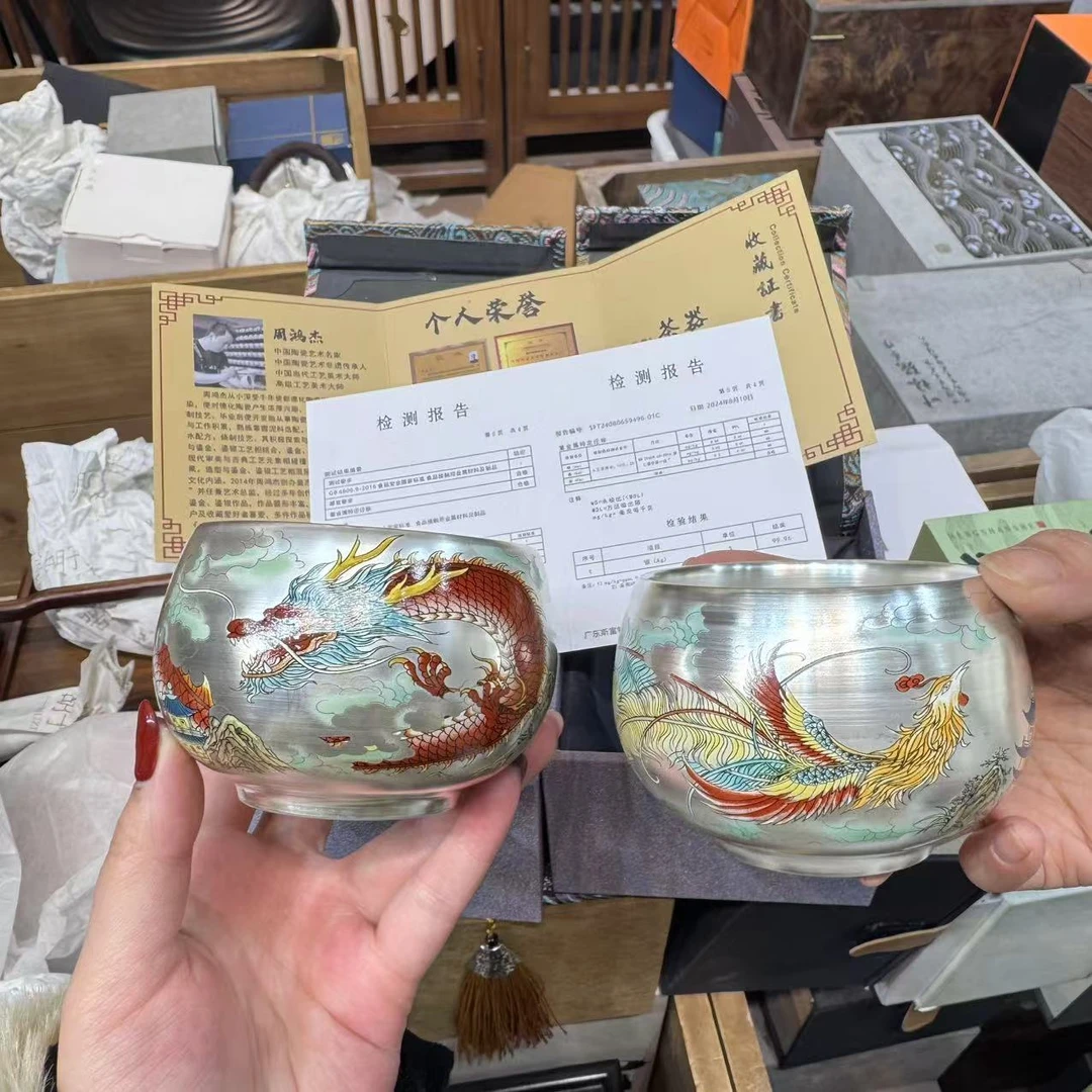 （胡子茶器）周鸿杰手作龙凤鎏银对杯 MC017