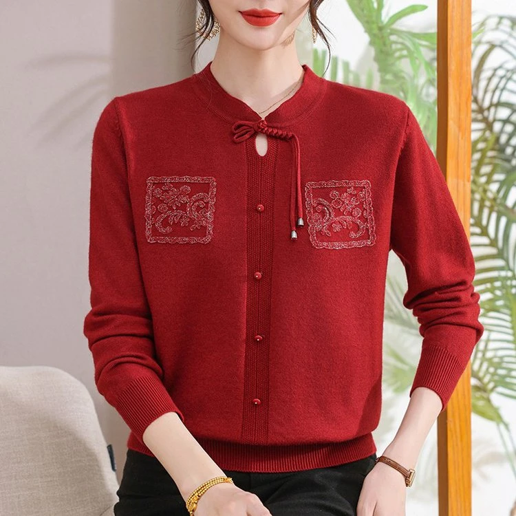 新款妈妈秋装时尚翻领针织上衣中老年女春秋高贵打底衫洋气质毛衣