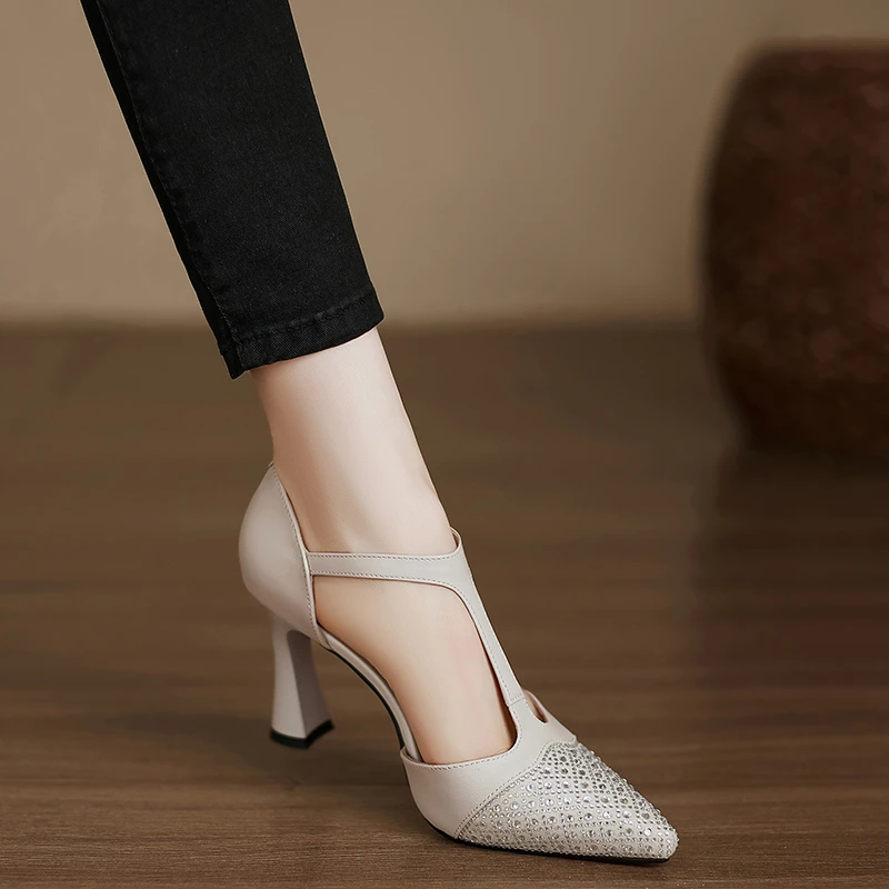 小个子手工女鞋8cm~法式高跟鞋米白色水钻包头凉鞋丁字扣玛丽珍鞋