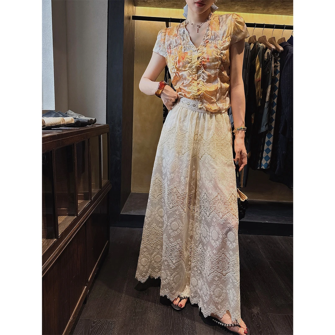 三吉黑花【忘忧岛】新中式国风绣花蕾丝阔腿裤子2025新款女夏薄款