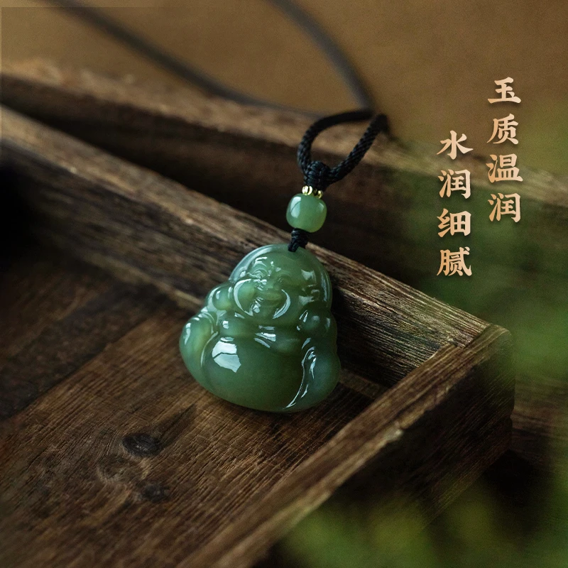 一兴原创天然和田玉吊坠女弥勒佛大肚笑佛手工雕刻和田玉佛吊坠