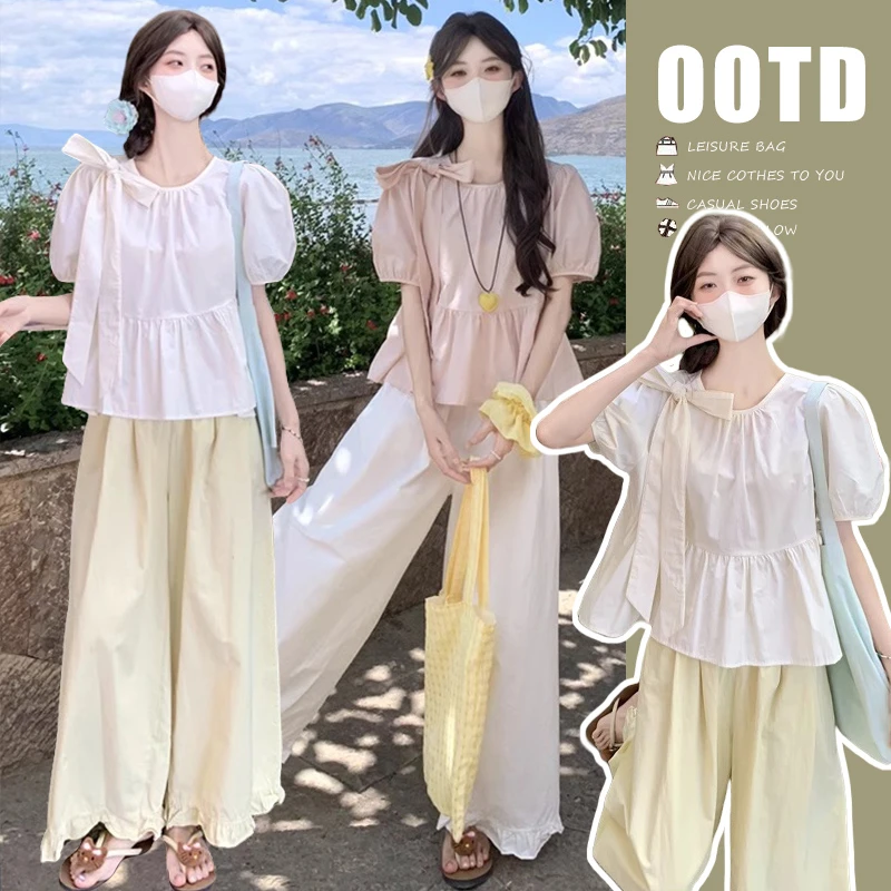 2025年新款夏季清新甜美蝴蝶结上衣+托腹荷叶边阔腿裤法式减龄