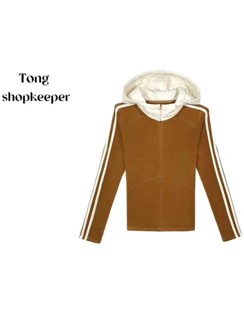 QJ/彤掌柜1683029 秋冬升级加厚时尚美拉德系条纹设计连帽外套