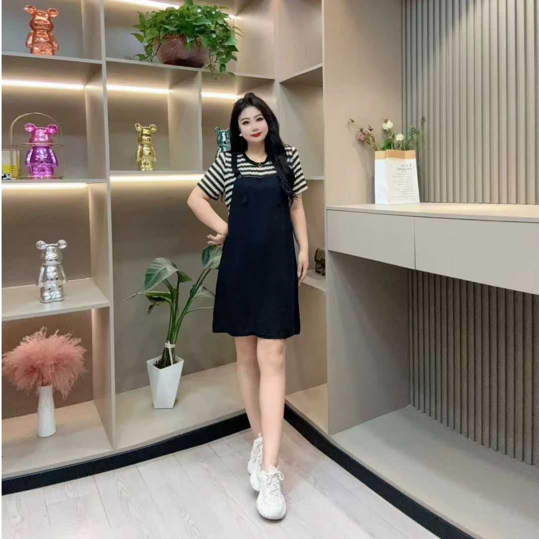 夏季连衣裙-双 时尚洋气条纹假两件潮流显瘦百搭胖MM大码女装新款